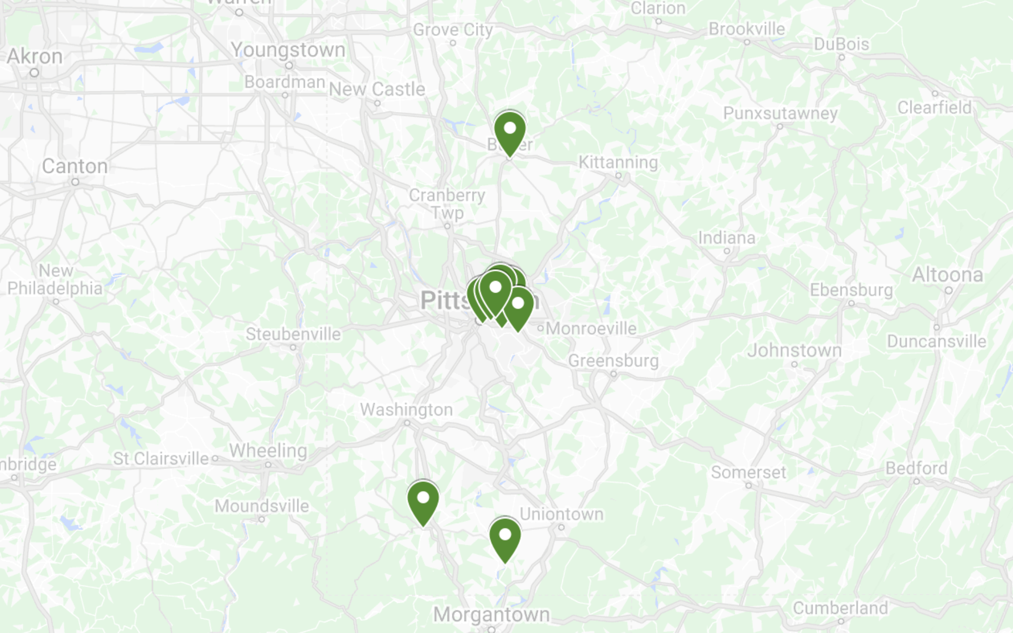 Map of Western Pennsylvania with green location markers. Most are centralized around Pittsburgh, and there are a few to the north and south of Pittsburgh. 